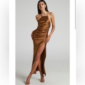 Showpo Malornan High Neck Ruched Maxi Dress Toffee size 10